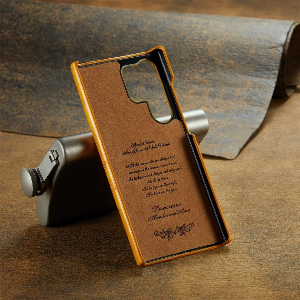 FIERRE SHANN For Samsung Galaxy S25 Ultra Case Waxy PU Leather + PC Card Holder Phone Cover - Yellow - 6
