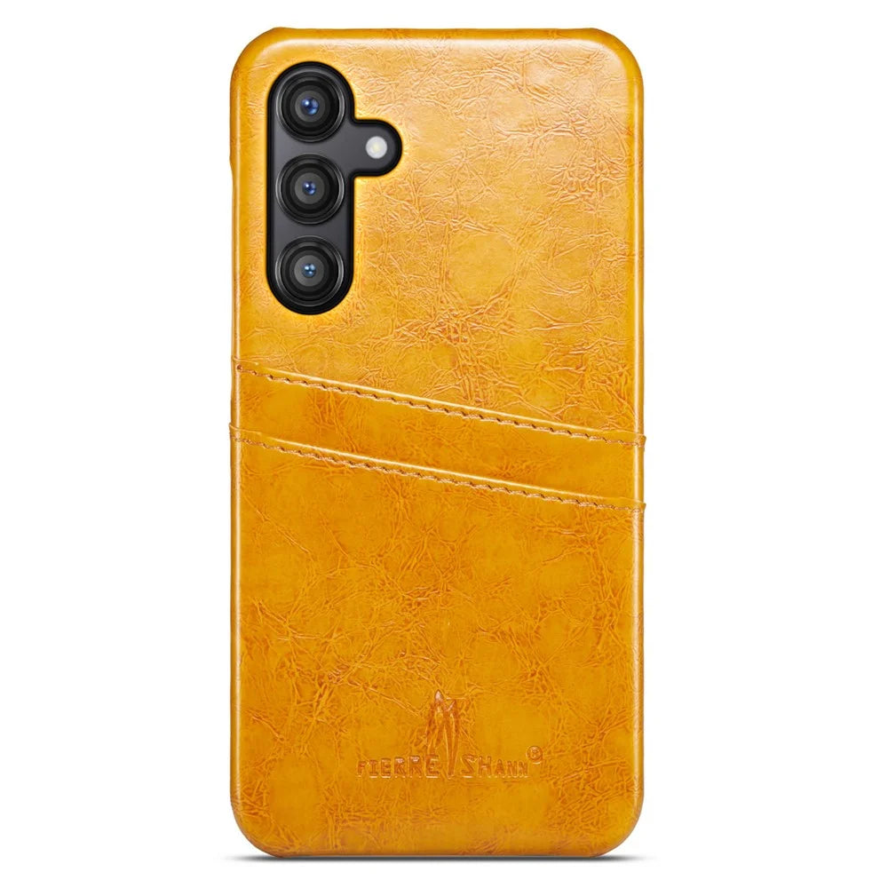 FIERRE SHANN For Samsung Galaxy S25+ Case Waxy PU Leather + PC Card Holder Phone Cover - Yellow - 1