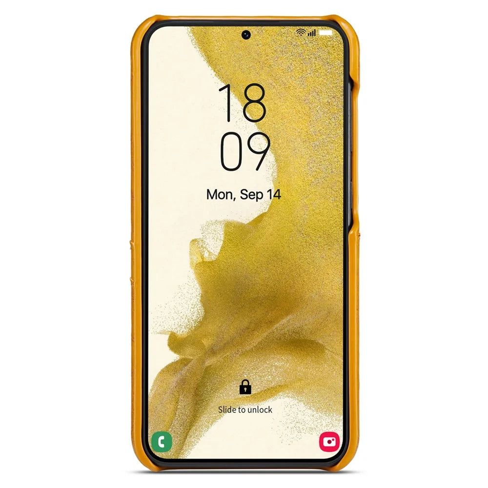 FIERRE SHANN For Samsung Galaxy S25+ Case Waxy PU Leather + PC Card Holder Phone Cover - Yellow - 2