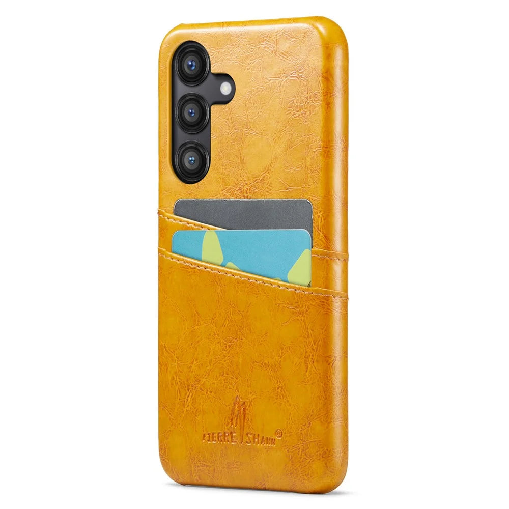 FIERRE SHANN For Samsung Galaxy S25+ Case Waxy PU Leather + PC Card Holder Phone Cover - Yellow - 3