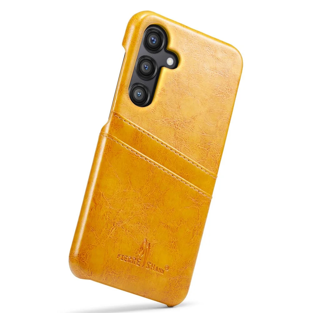 FIERRE SHANN For Samsung Galaxy S25+ Case Waxy PU Leather + PC Card Holder Phone Cover - Yellow - 4