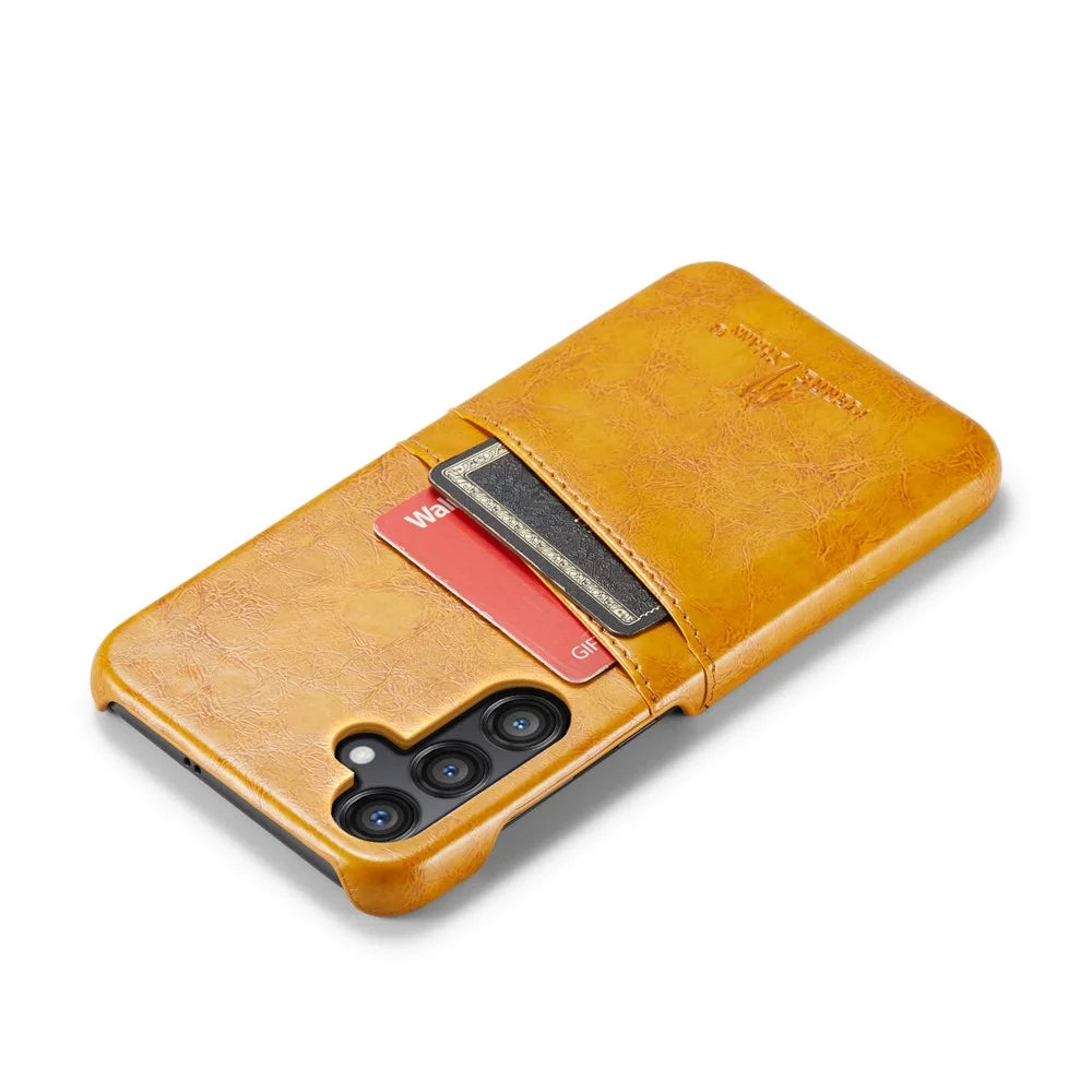 FIERRE SHANN For Samsung Galaxy S25+ Case Waxy PU Leather + PC Card Holder Phone Cover - Yellow - 5