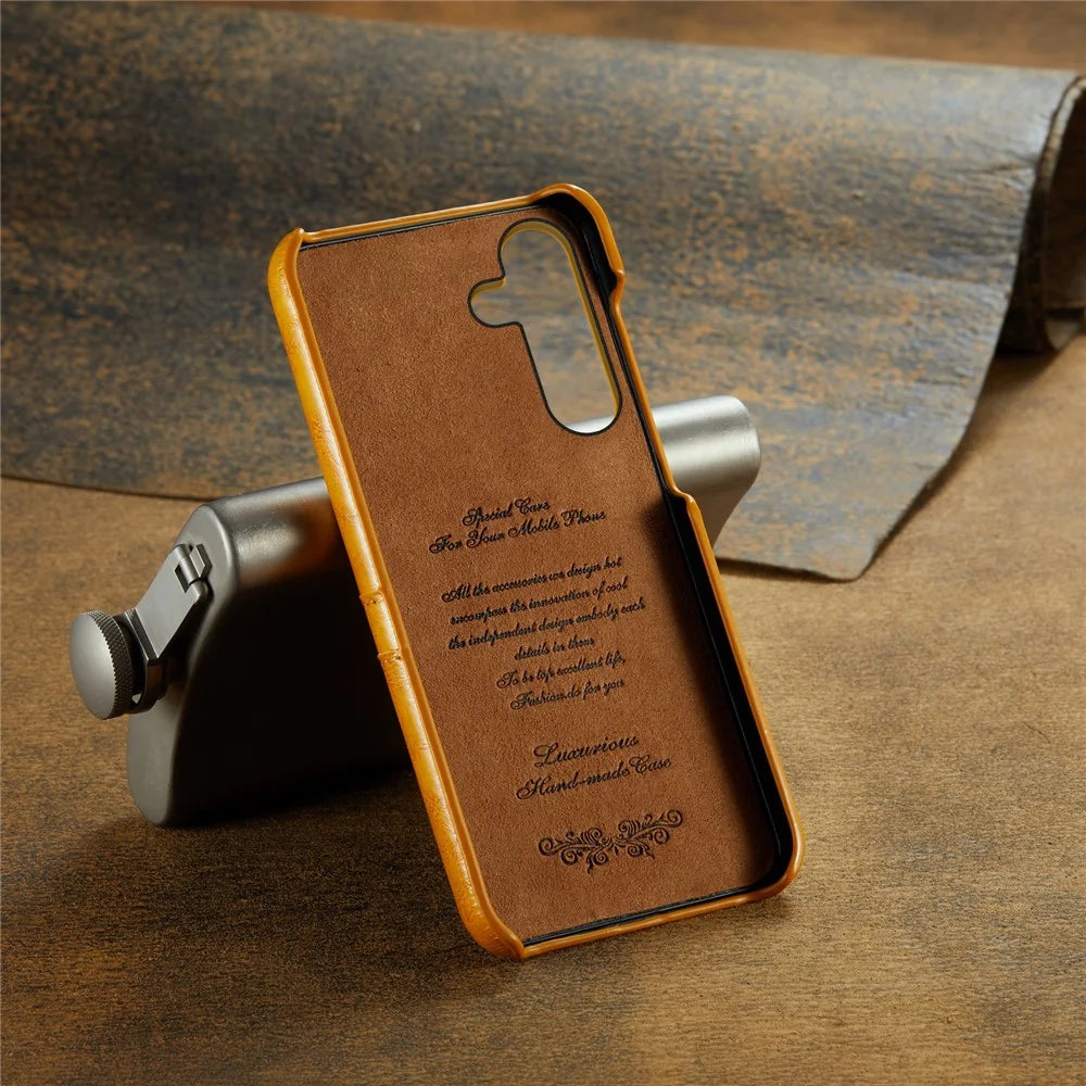 FIERRE SHANN For Samsung Galaxy S25+ Case Waxy PU Leather + PC Card Holder Phone Cover - Yellow - 6