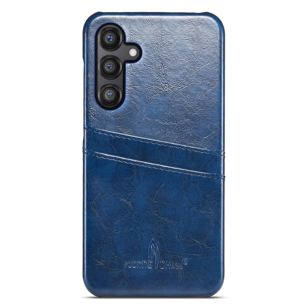 FIERRE SHANN For Samsung Galaxy S25 Case Waxy PU Leather + PC Card Holder Phone Cover - Blue - 1