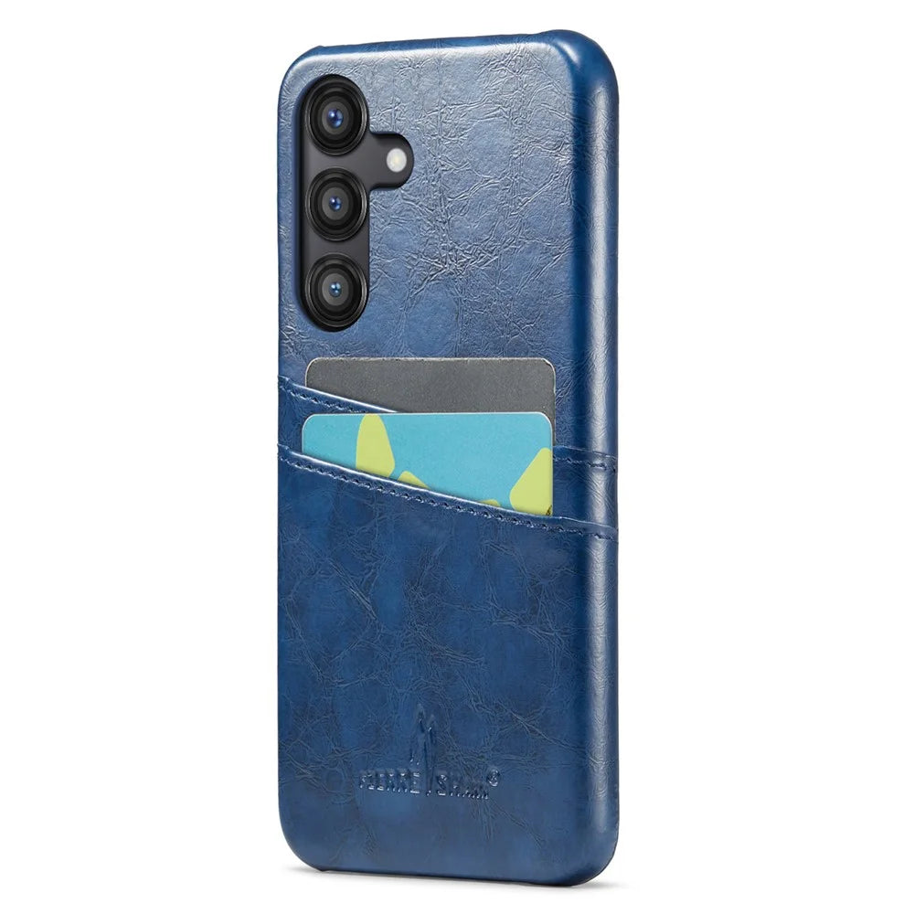 FIERRE SHANN For Samsung Galaxy S25 Case Waxy PU Leather + PC Card Holder Phone Cover - Blue - 3