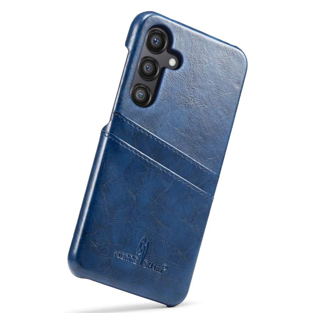 FIERRE SHANN For Samsung Galaxy S25 Case Waxy PU Leather + PC Card Holder Phone Cover - Blue - 4
