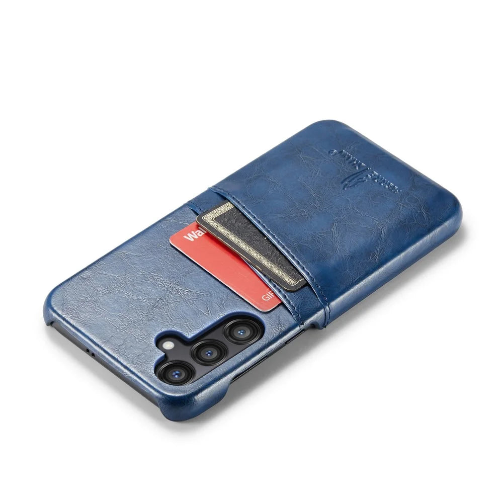 FIERRE SHANN For Samsung Galaxy S25 Case Waxy PU Leather + PC Card Holder Phone Cover - Blue - 5