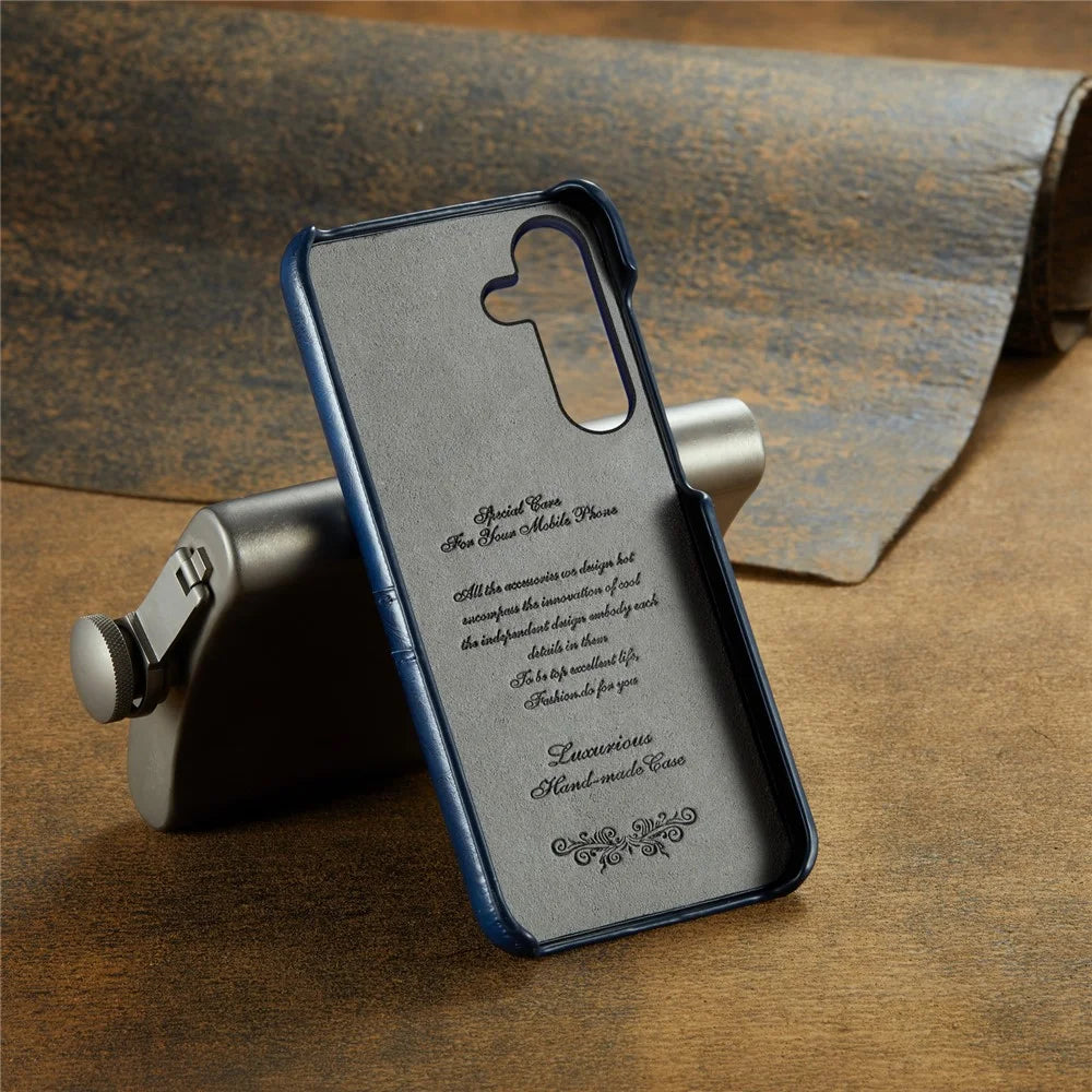 FIERRE SHANN For Samsung Galaxy S25 Case Waxy PU Leather + PC Card Holder Phone Cover - Blue - 6