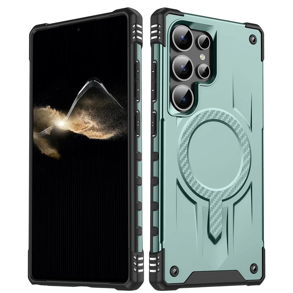 For Samsung Galaxy S23 Ultra Magnetic Case Four Corner Airbags PC + TPU Phone Cover - Midnight Green - 1