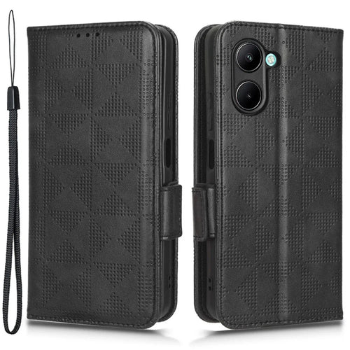 For Realme C22 4G Imprinted Triangle Pattern Leather Magnetic Flip Cover Stand Feature Hand Strap Wallet Purse Phone Case - Black - 1