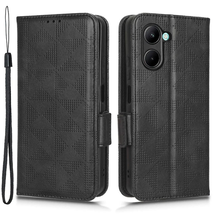 For Realme C22 4G Imprinted Triangle Pattern Leather Magnetic Flip Cover Stand Feature Hand Strap Wallet Purse Phone Case - Black - 1