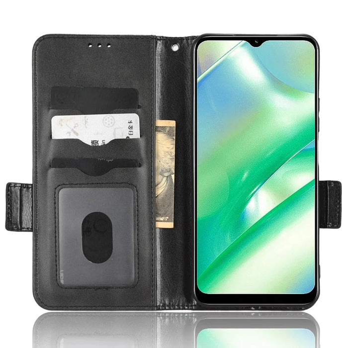 For Realme C22 4G Imprinted Triangle Pattern Leather Magnetic Flip Cover Stand Feature Hand Strap Wallet Purse Phone Case - Black - 2