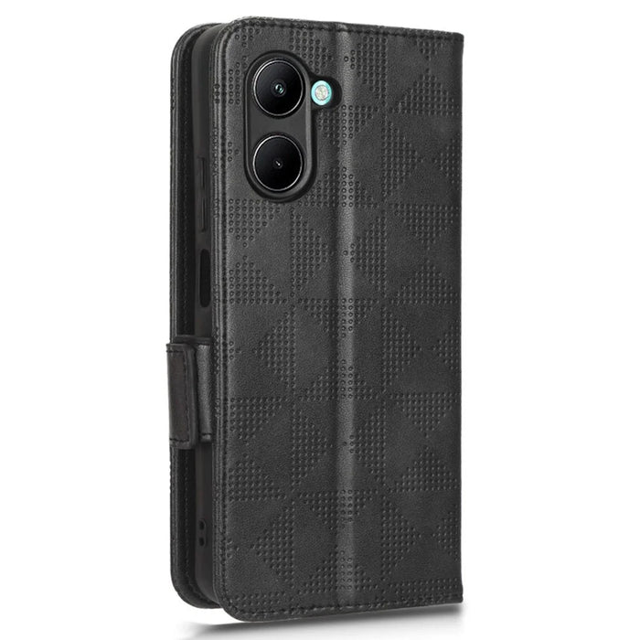For Realme C22 4G Imprinted Triangle Pattern Leather Magnetic Flip Cover Stand Feature Hand Strap Wallet Purse Phone Case - Black - 6