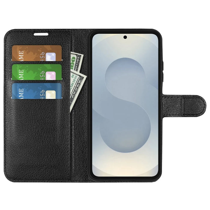 For Samsung Galaxy S25 Edge Case Litchi Texture Shockproof Leather Wallet Phone Cover - Black - 2