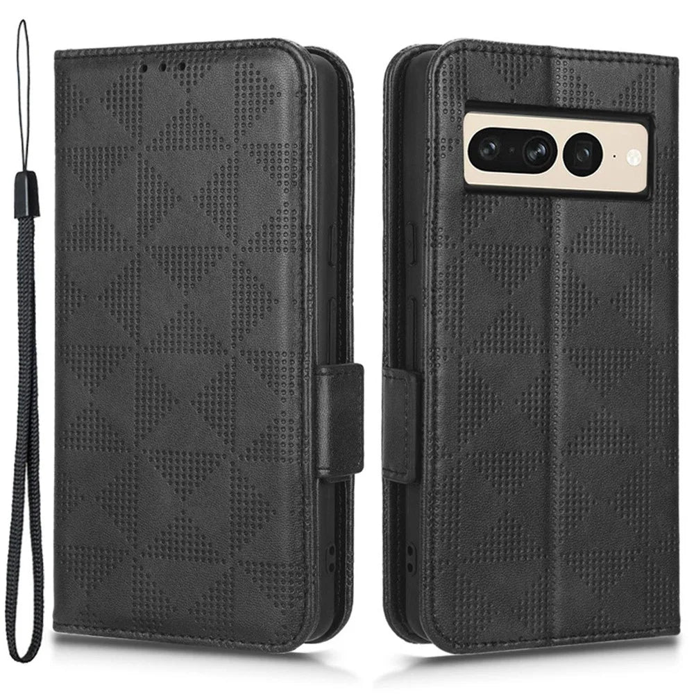 Flip Cell Phone Cover For Google Pixel 7 Pro 5G, Imprinted Triangle Pattern Leather Magnetic Phone Case with Stand Wallet - Black - 1