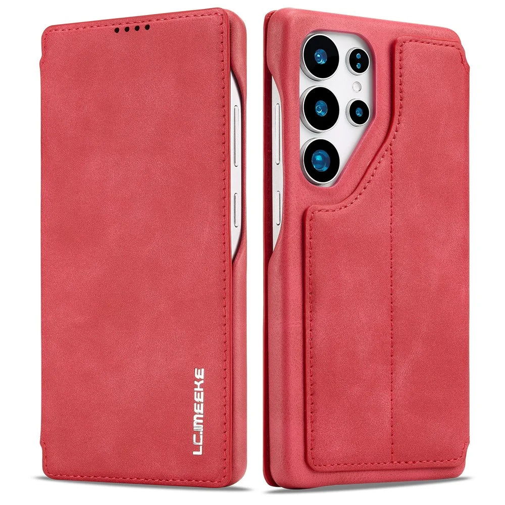 LC.IMEEKE For Samsung Galaxy S25 Ultra Case Card Holder Stand Leather Phone Cover - Red - 1