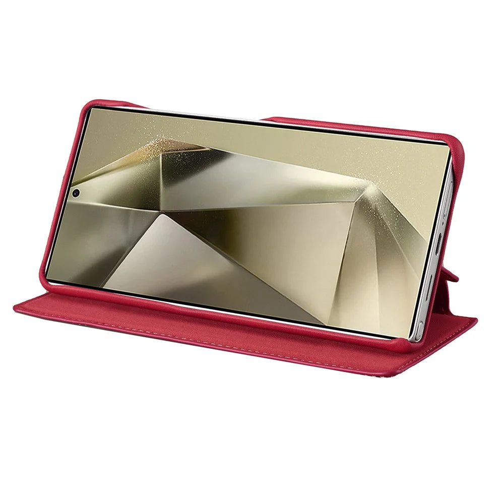 LC.IMEEKE For Samsung Galaxy S25 Ultra Case Card Holder Stand Leather Phone Cover - Red - 3