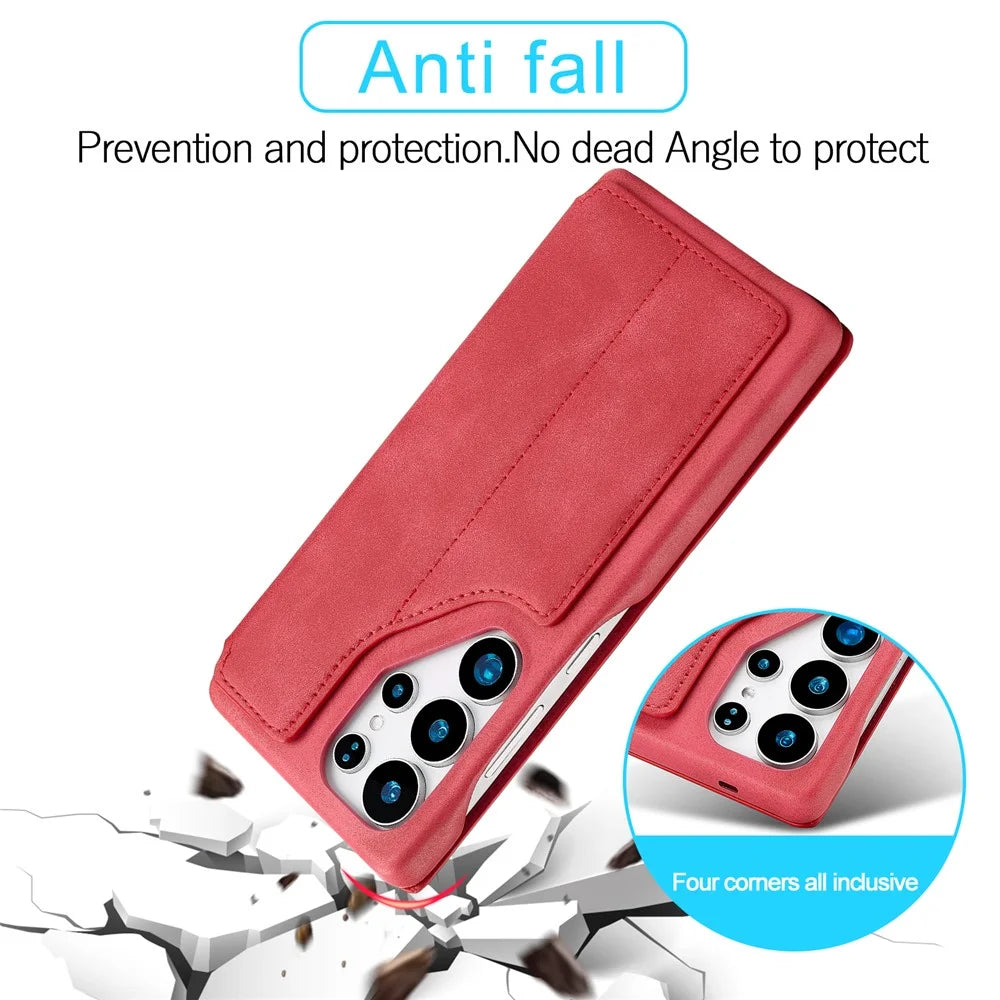 LC.IMEEKE For Samsung Galaxy S25 Ultra Case Card Holder Stand Leather Phone Cover - Red - 5