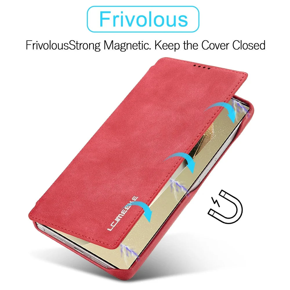 LC.IMEEKE For Samsung Galaxy S25 Ultra Case Card Holder Stand Leather Phone Cover - Red - 6