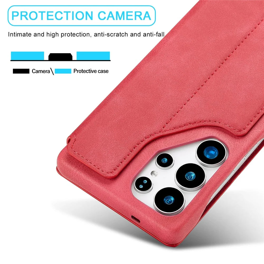 LC.IMEEKE For Samsung Galaxy S25 Ultra Case Card Holder Stand Leather Phone Cover - Red - 7