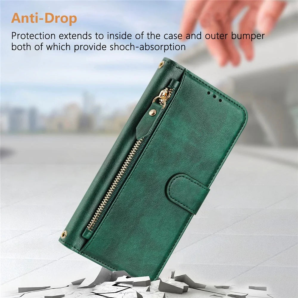 For OnePlus Ace 5 Pro 5G / OnePlus 13R 5G Case Zipper Pocket Multiple Card Slots Leather Phone Cover - Green - 3