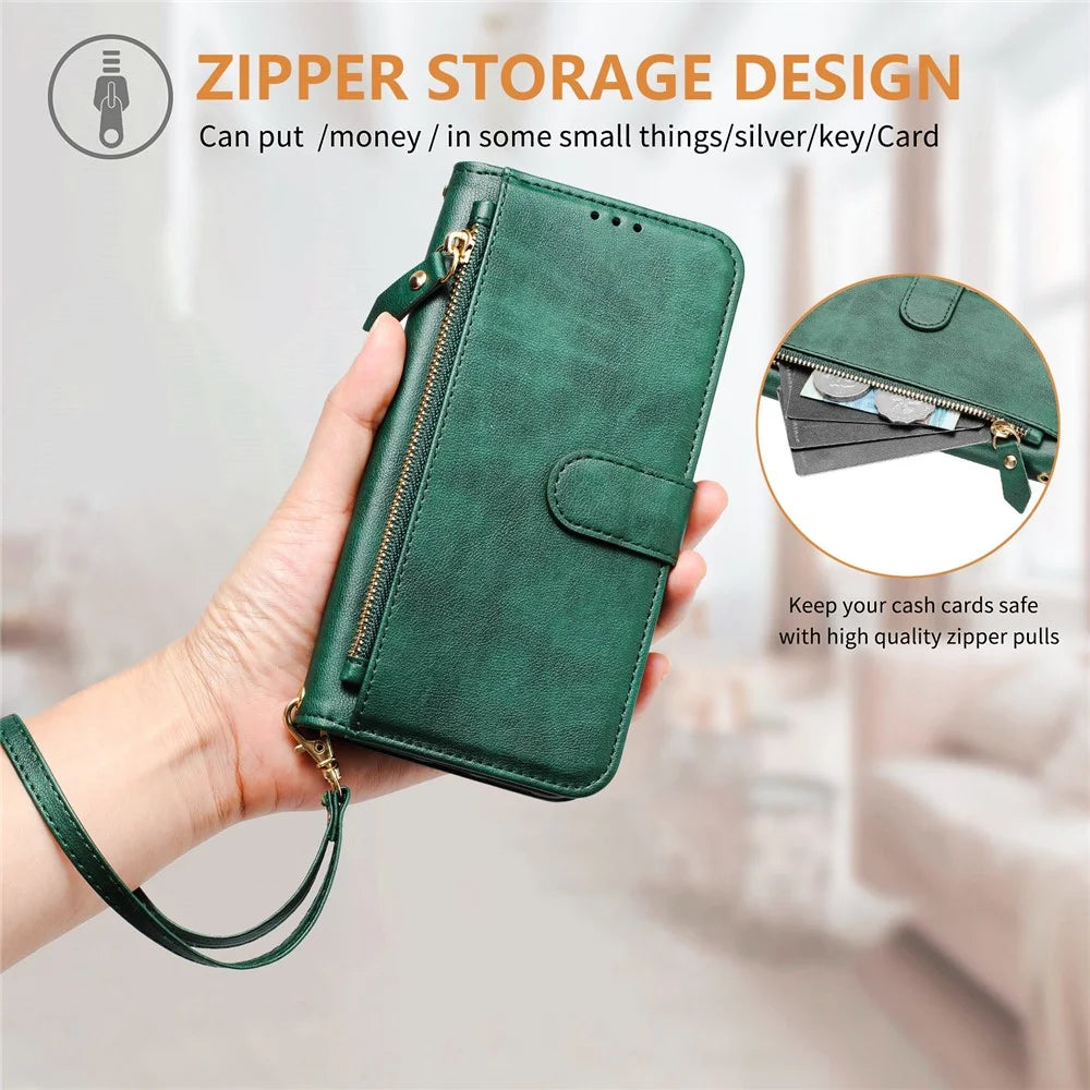 For OnePlus Ace 5 Pro 5G / OnePlus 13R 5G Case Zipper Pocket Multiple Card Slots Leather Phone Cover - Green - 5