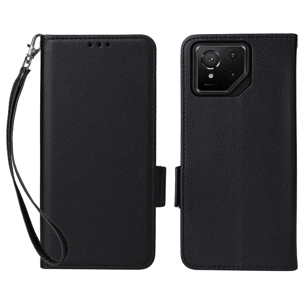 For Asus ROG Phone 9 5G / Phone 9 Pro 5G Case with Wrist Strap Litchi Texture PU Leather Wallet Phone Cover - Black - 1