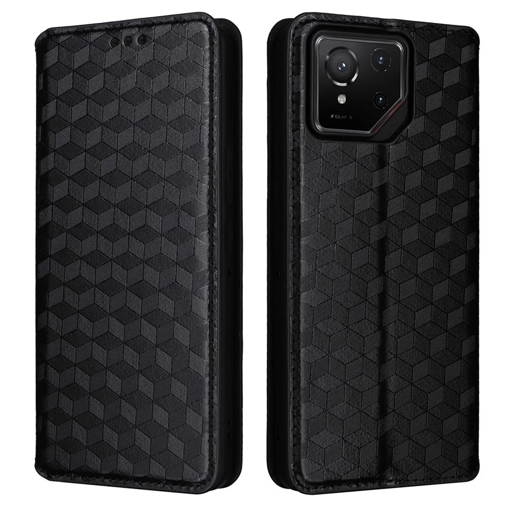 For Asus ROG Phone 9 Pro 5G / Phone 9 5G Case Wallet Rhombus Imprinted Leather Phone Cover - Black - 1