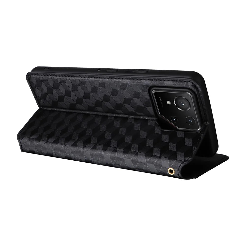 For Asus ROG Phone 9 Pro 5G / Phone 9 5G Case Wallet Rhombus Imprinted Leather Phone Cover - Black - 4