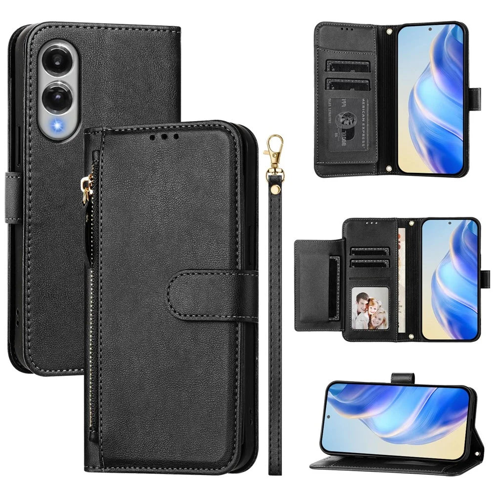 For Samsung Galaxy S25 Edge Case Zipper Pocket Multiple Card Slots Leather Phone Cover - Black - 1