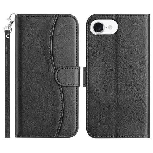 For iPhone 17e / 16e Stand Case with Strap PU Leather Wallet Phone Cover S Shape Stitching Design - Black - 1