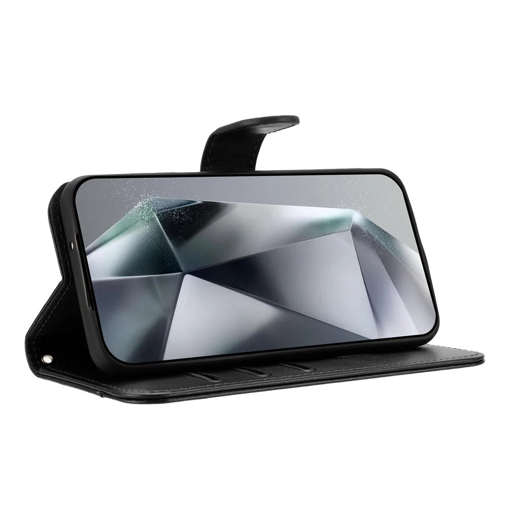 For iPhone 17e / 16e Stand Case with Strap PU Leather Wallet Phone Cover S Shape Stitching Design - Black - 3