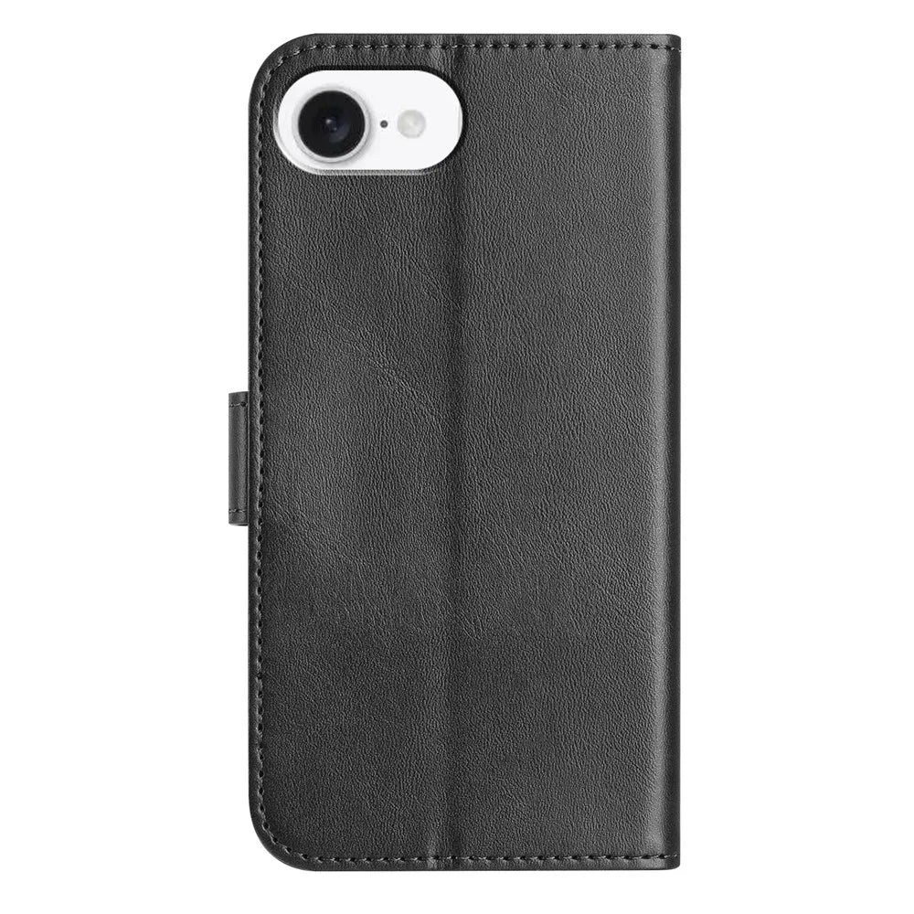 For iPhone 17e / 16e Stand Case with Strap PU Leather Wallet Phone Cover S Shape Stitching Design - Black - 7