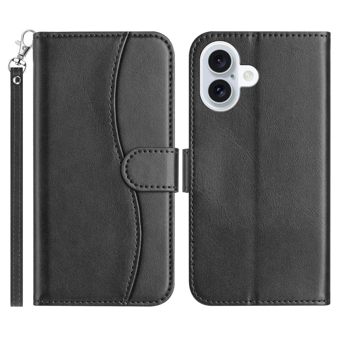 For iPhone 16 Stand Case with Strap PU Leather Wallet Phone Cover S Shape Stitching Design - Black - 1