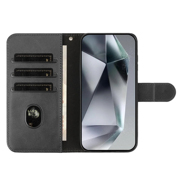 For iPhone 16 Stand Case with Strap PU Leather Wallet Phone Cover S Shape Stitching Design - Black - 2