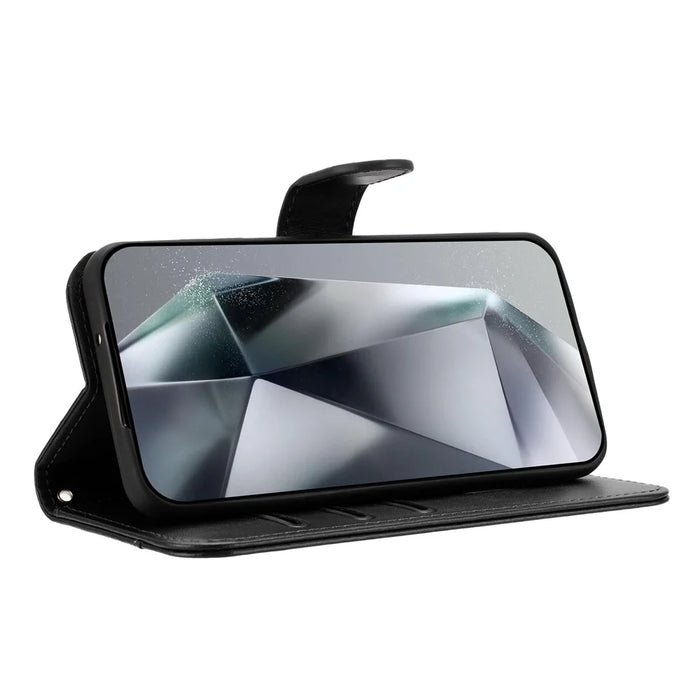 For iPhone 16 Stand Case with Strap PU Leather Wallet Phone Cover S Shape Stitching Design - Black - 3