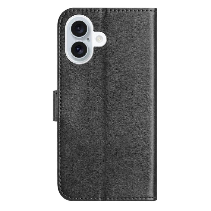 For iPhone 16 Stand Case with Strap PU Leather Wallet Phone Cover S Shape Stitching Design - Black - 7