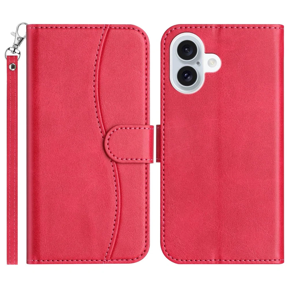 For iPhone 16 Plus Stand Case with Strap PU Leather Wallet Phone Cover S Shape Stitching Design - Rose - 1