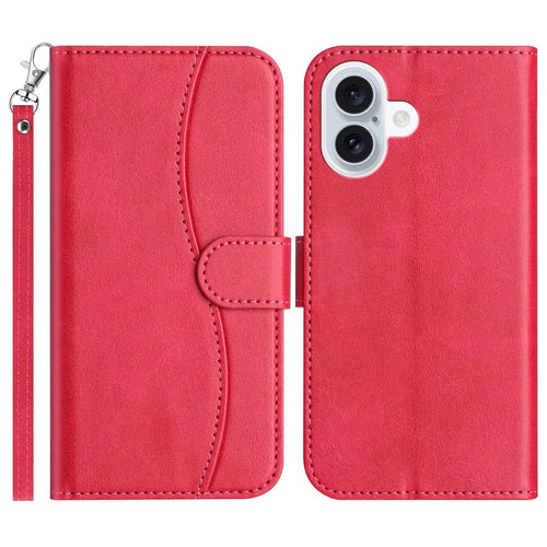 For iPhone 16 Plus Stand Case with Strap PU Leather Wallet Phone Cover S Shape Stitching Design - Rose - 1