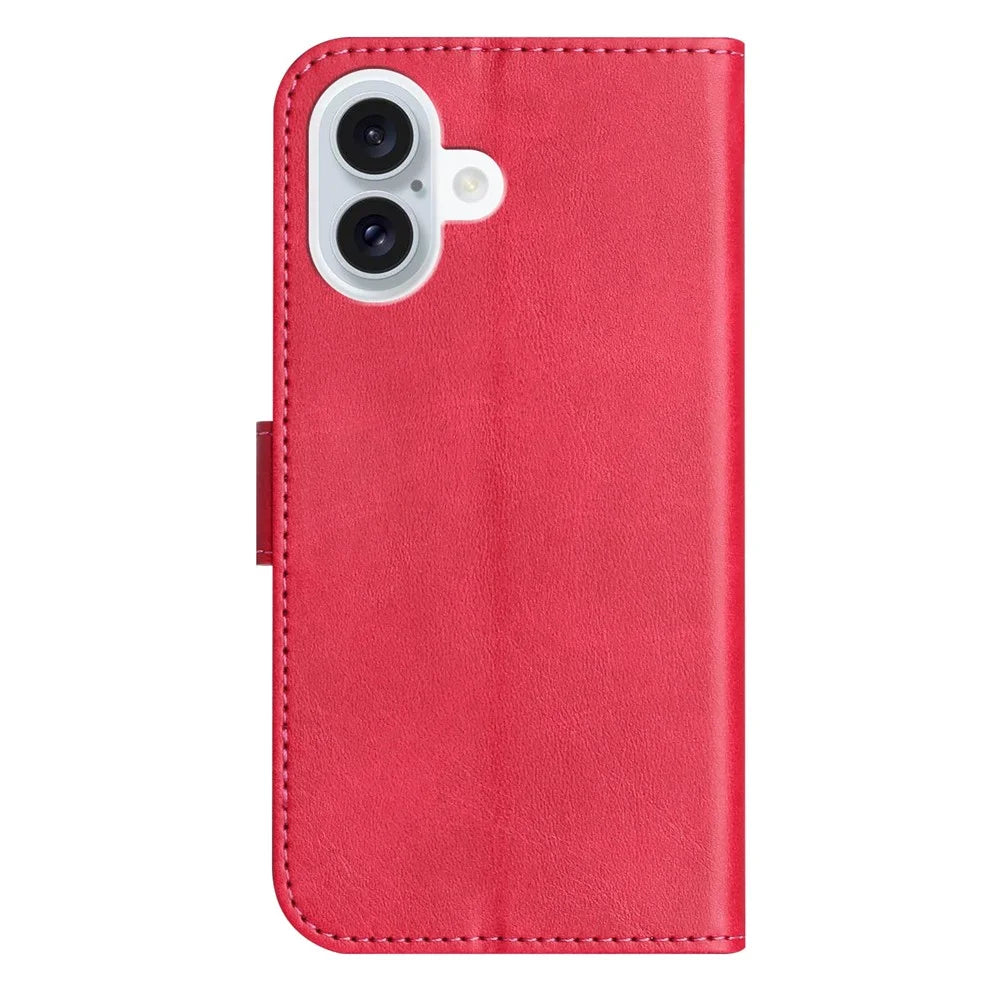For iPhone 16 Plus Stand Case with Strap PU Leather Wallet Phone Cover S Shape Stitching Design - Rose - 7