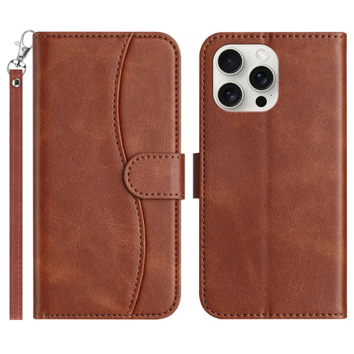 For iPhone 16 Pro Stand Case with Strap PU Leather Wallet Phone Cover S Shape Stitching Design - Coffee - 1