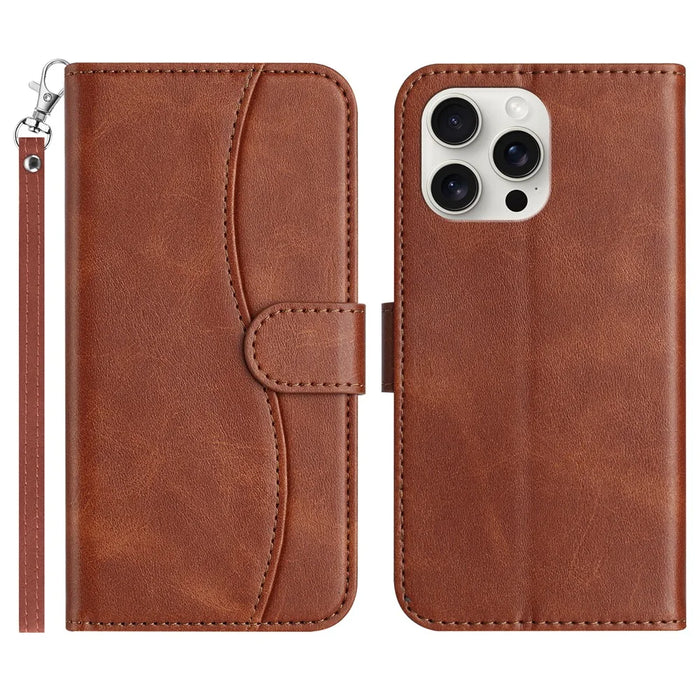 For iPhone 16 Pro Stand Case with Strap PU Leather Wallet Phone Cover S Shape Stitching Design - Coffee - 1