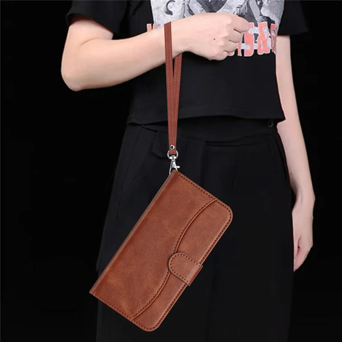 For iPhone 16 Pro Stand Case with Strap PU Leather Wallet Phone Cover S Shape Stitching Design - Coffee - 4