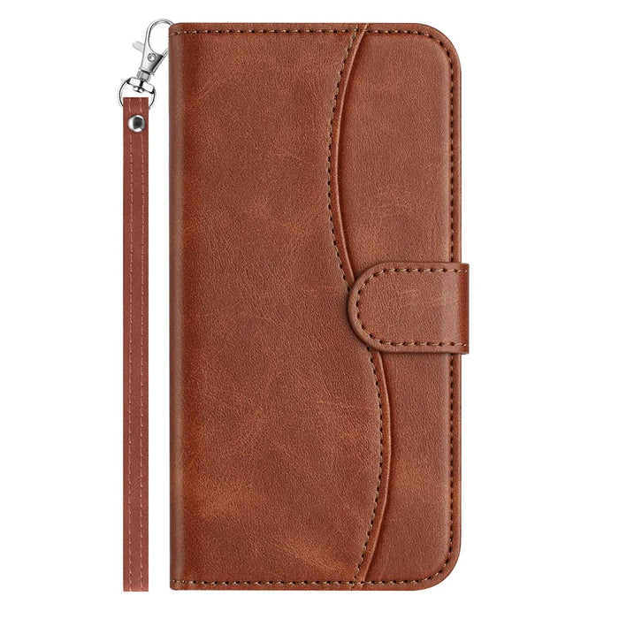 For iPhone 16 Pro Stand Case with Strap PU Leather Wallet Phone Cover S Shape Stitching Design - Coffee - 5