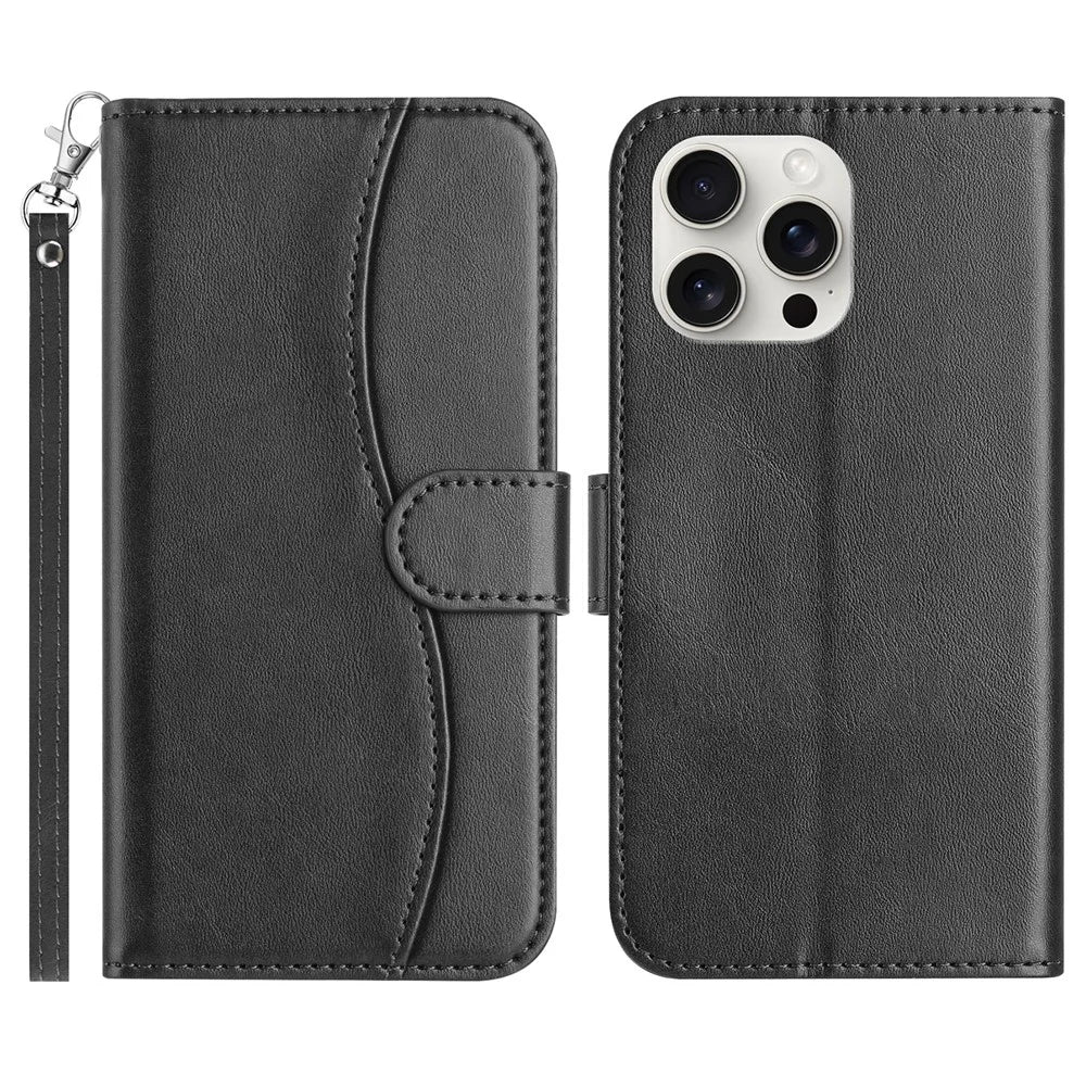 For iPhone 16 Pro Max Stand Case with Strap PU Leather Wallet Phone Cover S Shape Stitching Design - Black - 1