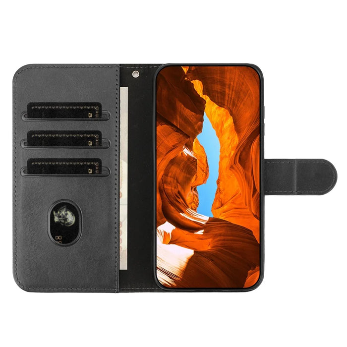 For iPhone 16 Pro Max Stand Case with Strap PU Leather Wallet Phone Cover S Shape Stitching Design - Black - 2