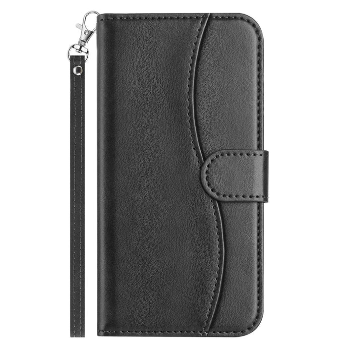 For iPhone 16 Pro Max Stand Case with Strap PU Leather Wallet Phone Cover S Shape Stitching Design - Black - 5