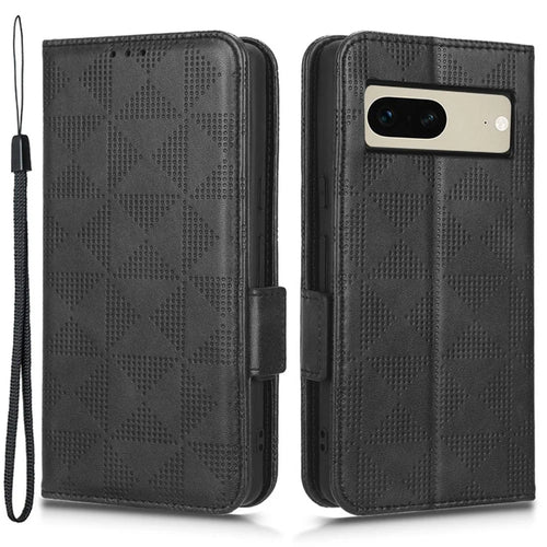 For Google Pixel 7 5G Imprinted Triangle Pattern Leather Magnetic Flip Cover Stand Feature Wallet Purse Phone Case - Black - 1