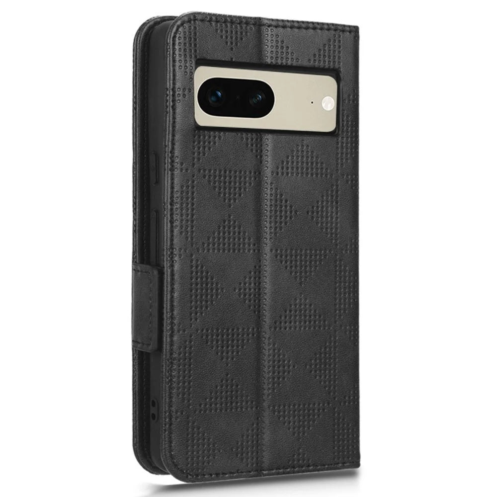For Google Pixel 7 5G Imprinted Triangle Pattern Leather Magnetic Flip Cover Stand Feature Wallet Purse Phone Case - Black - 6