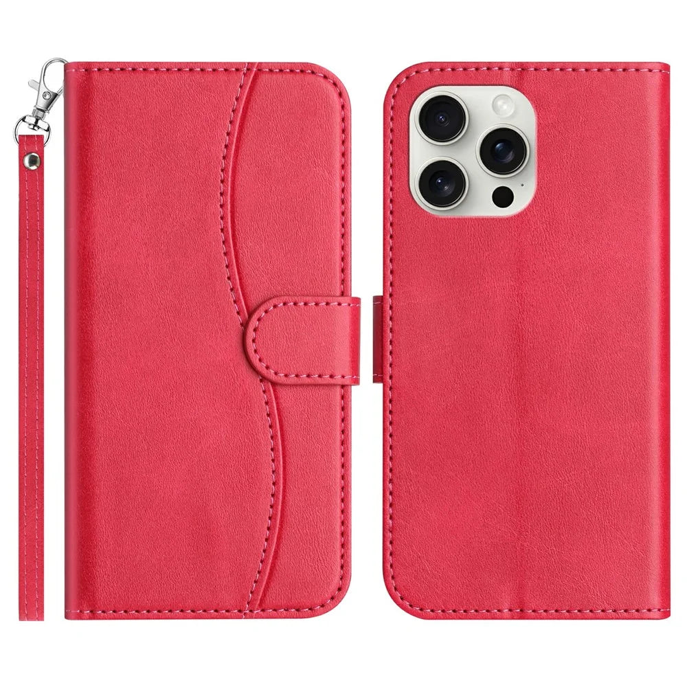 For iPhone 15 Pro Max Stand Case with Strap PU Leather Wallet Phone Cover S Shape Stitching Design - Rose - 1